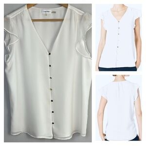 Calvin Klein Flutter Sleeve White Shear Blouse Gold Button Front Large Classy